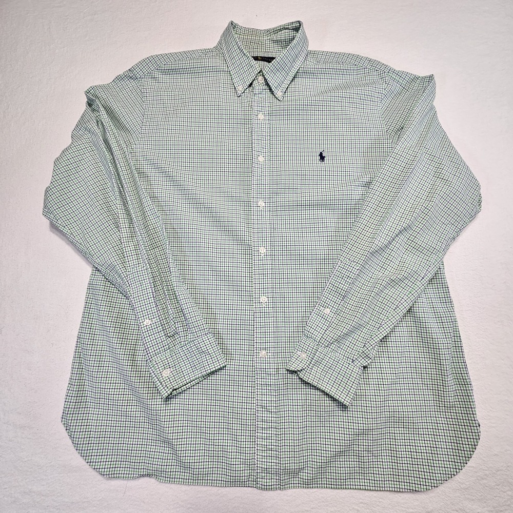 Ralph Lauren Mens Shirt 17.5 Green Blue Checked Button Down Pony Long Sleeve